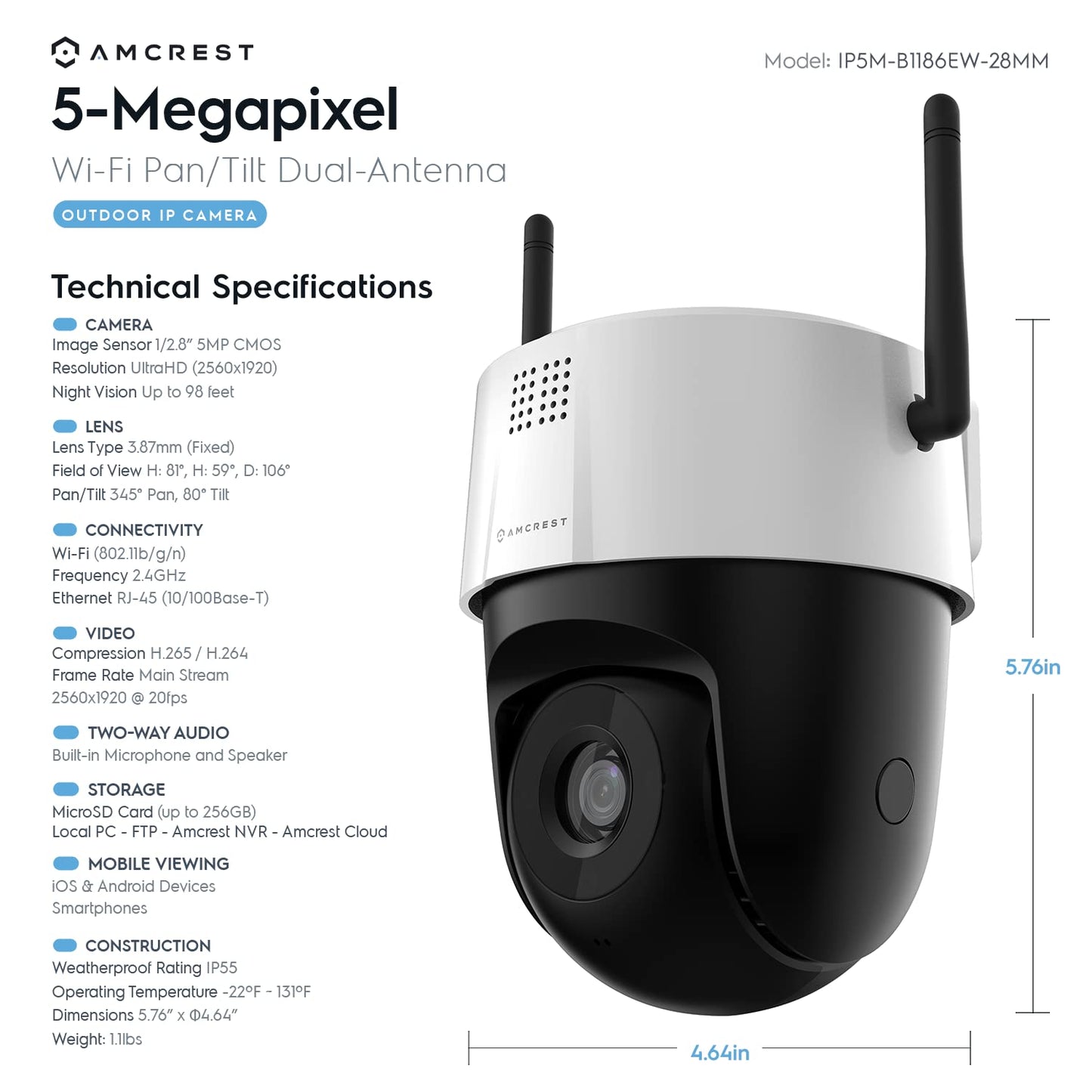 Amcrest 5MP UltraHD Mini AI Outdoor WiFi Camera, Security IP Camera with Two-Way Audio, 98ft Full Color Nightvision, Remote Viewing, 5-Megapixel, Wide 106° FOV, IP5M-1190W-V2 (White)