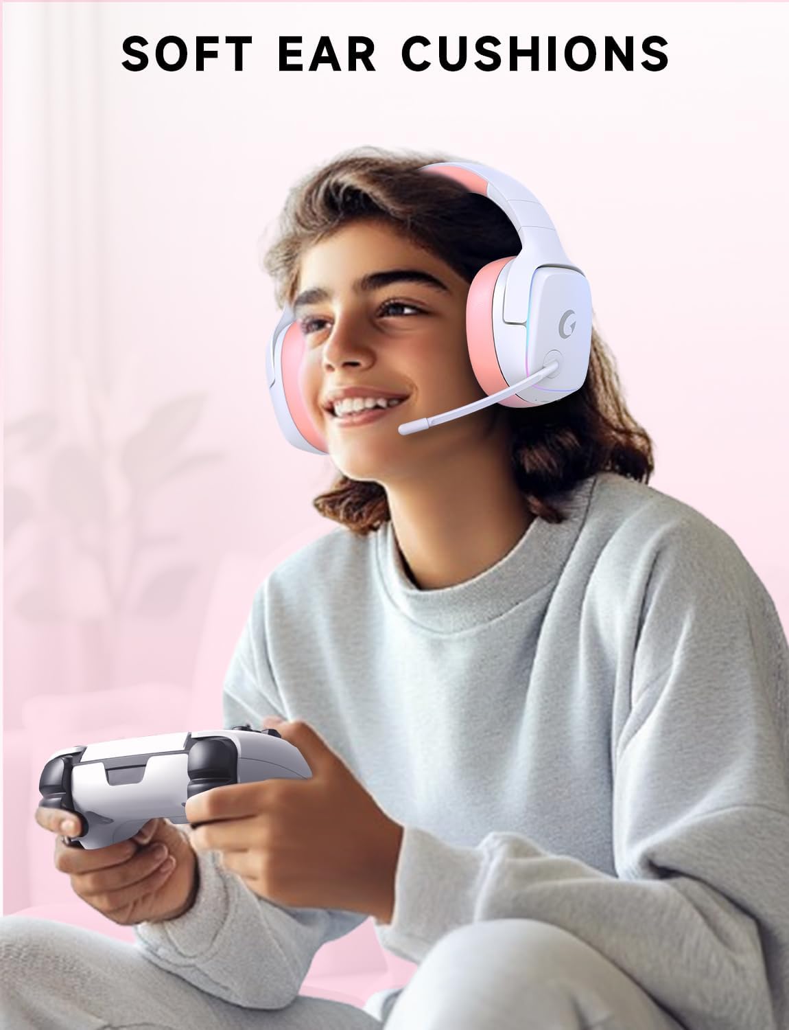 2.4GHz Wireless Gaming Headsets for PS5, PS4, PC, Switch - Bluetooth 5.3 Gaming Headphones with Noise Canceling Mic, 7.1 Surround Sound, 70H Battery, Blue Lighting - White