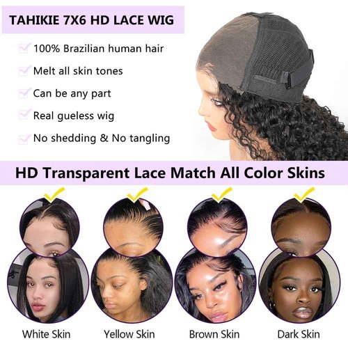 7x6 Burmese Curly Glueless Wigs Human Hair Pre Plucked Pre Cut 250% Density Drawstring Wig Human Hair 7x6 HD Lace Front Wigs Human Hair for Black Women Wear and Go Glueless Wig Natural Color 18inch