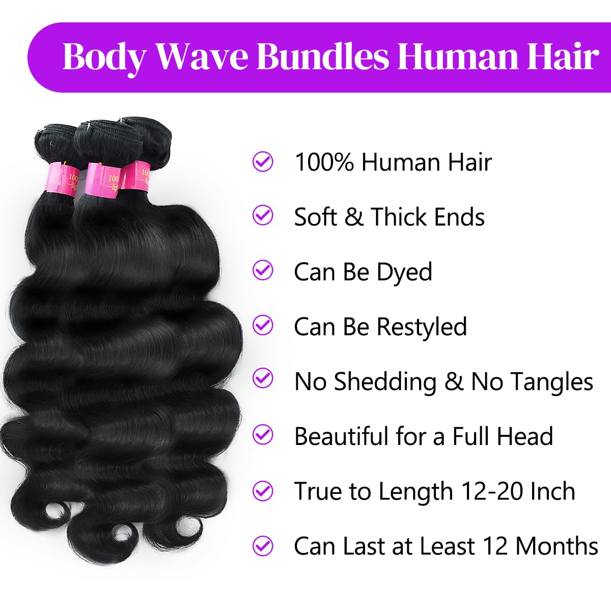 12A Body Wave Bundles Human Hair 20 22 24 Inch Human Hair Bundles 100% Unprocessed Brazilian Virgin Hair 4 Bundles Hair Extensions Real Human Hair for Women Quick Weave Hair Natural Black