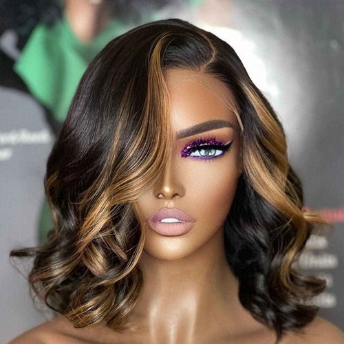 QTIKER Glueless Short Body Wave Lace Front Wigs Human Hair with Blonde Highlight Pre Plucked 13X4 HD Transaprent Lace Wigs Side Part Medium Part Frontal Bob Wig For Women (14inch, Blonde Highlight)