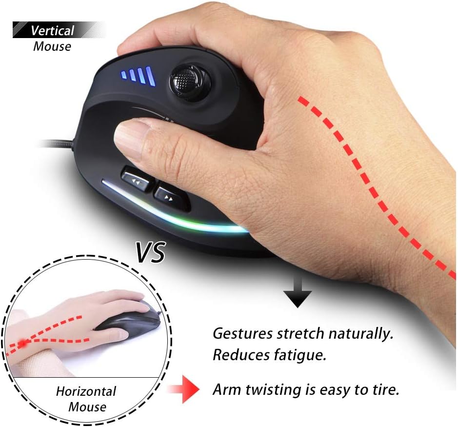 ZLOT Vertical Gaming Mouse,Wired RGB Ergonomic USB Joystick Programmable Laser Gaming Mice,6+1 Design,11 Buttons,1000 Hz Max Polling Rate,10000 Max DPI,Upgraded Version for Computer Gamers,Black