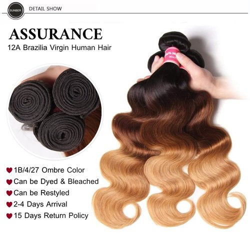 Sunber Ombre Brazilian Hair Bundles Body Wave 12A Grade Human Virgin Hair One Bundles 3 Tone 1B/4/27 Color Hair Extensions 18Inch T1B/4/27 Color