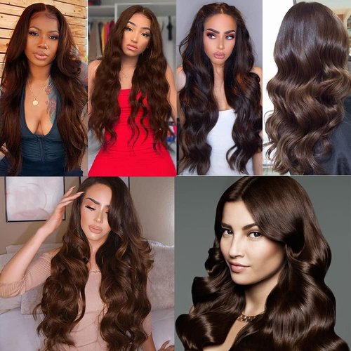 #4 Brown Bundles Human Hair Body Wave Bundles 28 30 32 Inch Human Hair Weave 3 Bundle Unprocessed Brazilian Virgin Hair Dark Brown Body Wave Human Hair Extensions 50 Grams/Bundle
