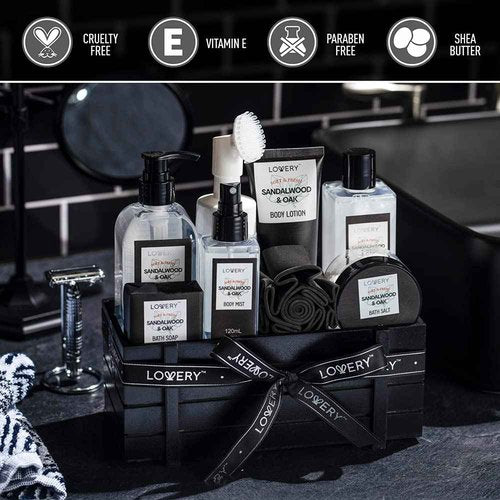 Birthday Gifts Spa Kit for Men - Sandalwood and Oak Scented Bath Gift Set and Shower Gift Basket With Face Wash & Brush, Shower Gel, Bubble Bath, Body Lotion, Body Mist, Handmade Soap, Salts & Puff