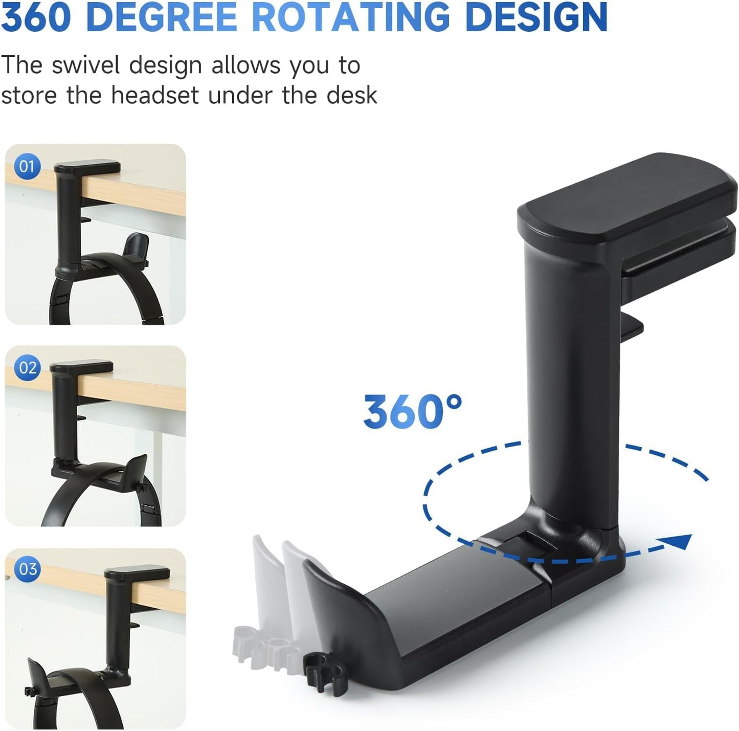 Adjustable Clamp-on Under Desk Hanger, PC Gaming Headset Holder- 360 Degree Swivel Rotating Headphone Stand & Cable Clip Organizer (Black)