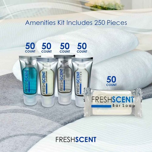 Freshscent Hotel Collection 250 Piece Set. Travel Size Amenities Bulk Toiletries Kit of 50 Each 1oz tubes Shampoo, Conditioner, Body Wash and Lotion. 50 Bars 1oz Soap