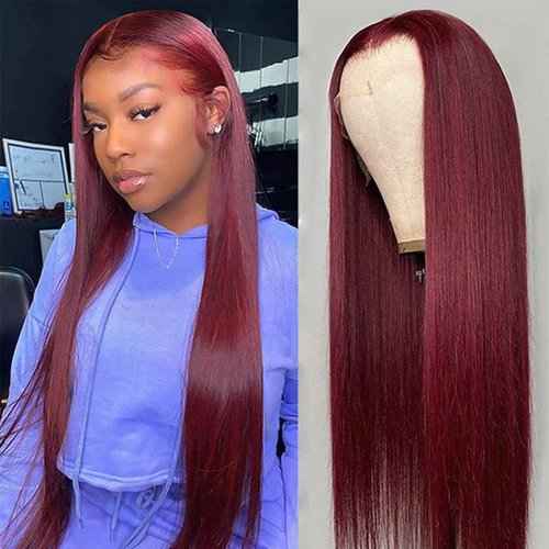 Estelle Wig 13x6 Burgundy Silk Straight Human Hair Wigs Glueless Lace Front Hair 150% Density Pre Plucked Hair for Black Women (14inch, 13x6 lace front wig)