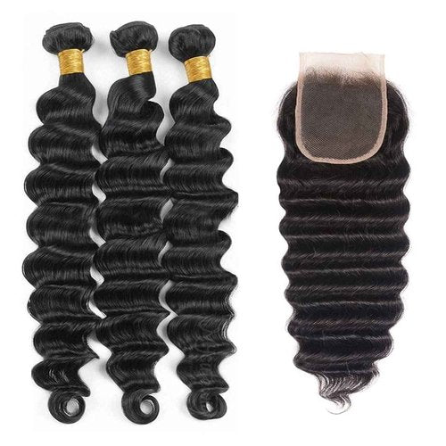 Human Hair Bundles With Lace Closure - Loose Wave, Deep Curly Wave, Big Deep Curly - 3 Bundles With 4X4 Lace Closure (16, 18, 20+14 Inches)