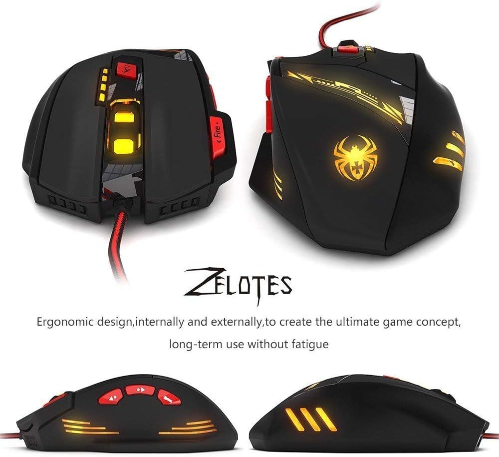 Zelotes T90 Professional 9200 DPI High Precision USB Wired Gaming Mouse,8 Buttons,With 7 kinds modes of LED Colorful Breathing Light, Weight Tuning Set (Black)