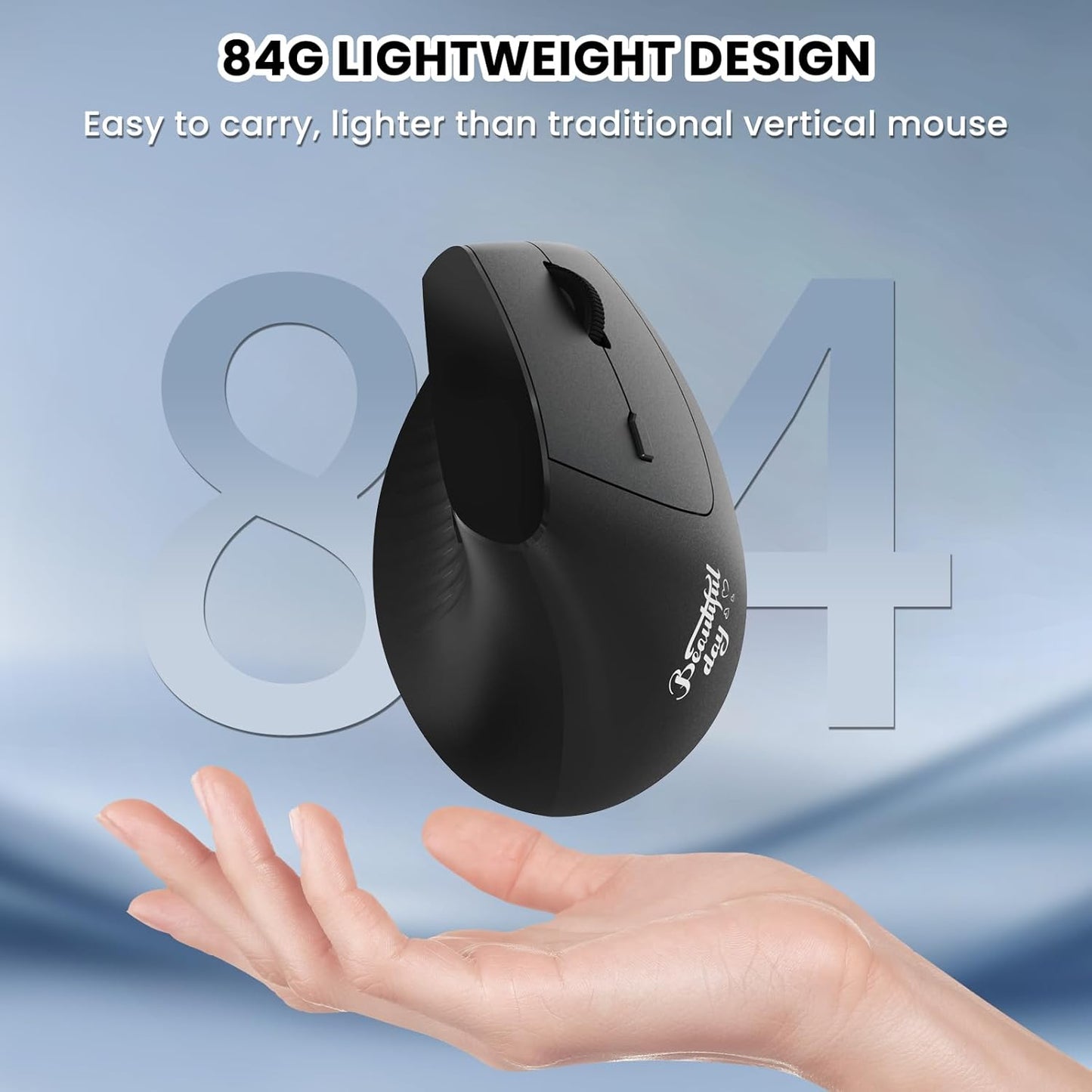 A.JAZZ I300 Bluetooth and 2.4G Rechargeable Wireless Mouse,Ergonomic Vertical Design Optical Mouse Computer Mice,800/1200/1600 DPI,Quiet Clicks,84G Lightweight for Laptop, Desktop, PC, MacBook(Black)
