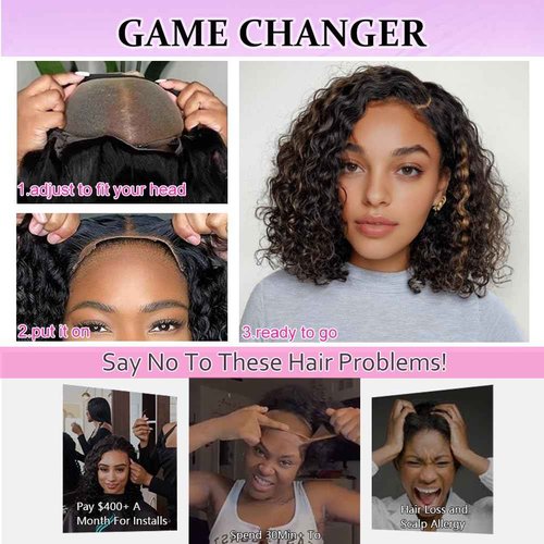 1B/30 Curly Bob Wig Human Hair 12 Inch Side Part Short Ombre Curly Wigs for Black Women Water Wave Lace Front Wigs Human Hair Glueless Wear and Go PrePlucked Pre Cut 4x4 HD Lace Closure Wig for Summer