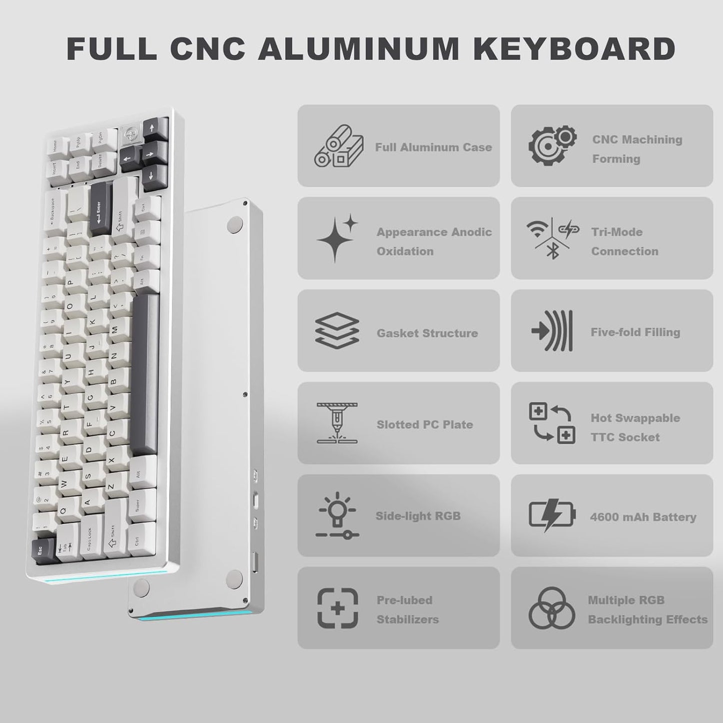 YUNZII AL71 68% Mechanical Keyboard (Siver, Crystal White Switch) and Full Keycap Set (Coffee Cat) Bundle