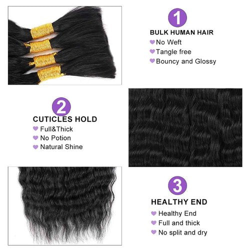 Wet and Wavy Human Braiding Hair No Weft Super Wavy Bulk Human Hair For Boho Braids 100g (1Pack-4PCS) 100% Virgin Human Hair Super French Micro Braiding Bohemian Braids (Super Wavy(#1B), 22 Inch)