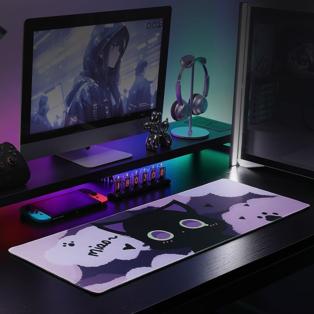 YUNZII Keynovo Gaming Mouse Pad, Large Mouse Pad, Non-Slip 4mm Laptop Gaming Desk Pad for Office and Home(Black cat, 31.49'' x 11.8'')