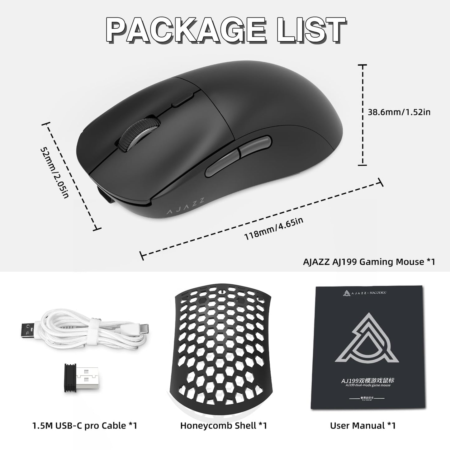 AJAZZ AJ199 Wireless Gaming Mouse,59G Ultra Lightwieght-Huanuo Micro Switch-26K PAW3395 Sensor-40Hrs Battery Life-2.4G/USB-C Mouse Gaming -Wireless Computer Mouse 6 Programmable Buttons,100% PTFE Feet