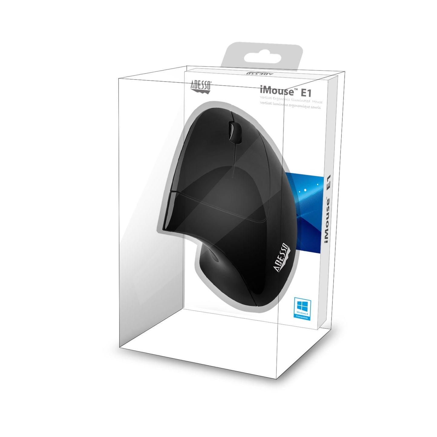 Adesso iMouse E1 - Vertical Ergonomic Illuminated Mouse - Optical - Cable - Glossy Black - USB - 1600 dpi - Scroll Wheel - 6 Button(s) - Right-Handed Only - IMOUSE E1