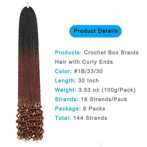 144 Strands Goddess Crochet Box Braids with Curly Ends 30 Inch Pre Looped Box Braids Crochet Hair 8 Packs Curly Crochet Braids for Black Women