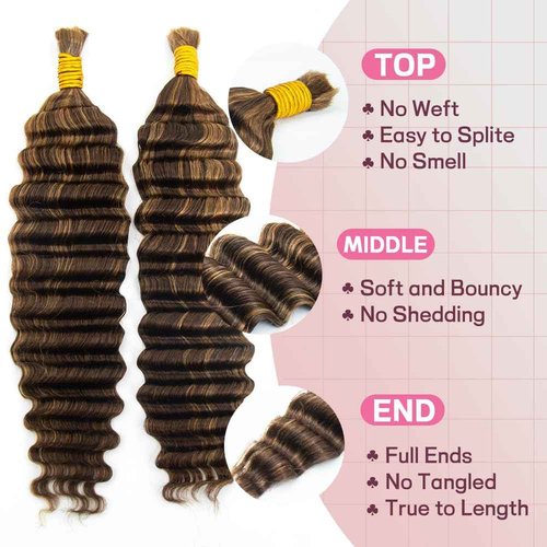 KRN 4/27 Braiding Hair Deep Wave Bulk Human Braiding Hair 2 Bundles/Pack 100g Curly Hair for Boho Braids 12A Salt And Pepper Braiding Human Hair No Weft Wet and Wavy Braiding Hair Extensions 24 Inch