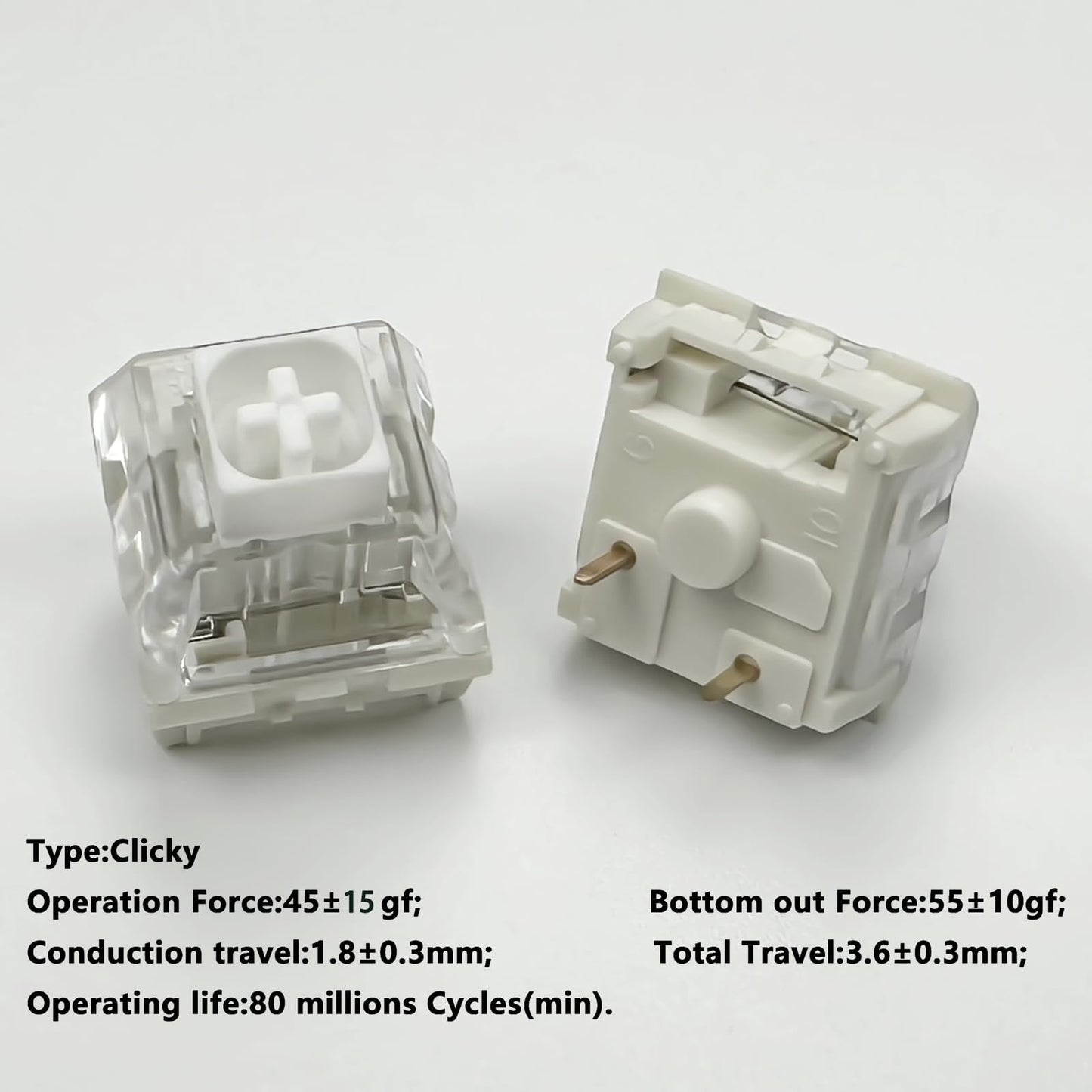 Zjmehty Kailh Box White Mechanical Keyboard Switches,3-Pin 45gf Clicky/Speed Typing/Gaming/Waterproof Switches(90Pcs,Kailh Box White)