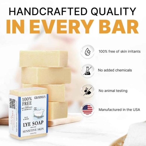 CLASSYONE Grandma’s Pure Lye Soap Bar for Sensitive Skin, Unscented 6 oz – 12 Pack | Face & Body Wash for Dry, Itchy Skin | Free of Dyes, Detergents & Fragrance + Bonus Baby Powder Air Freshener