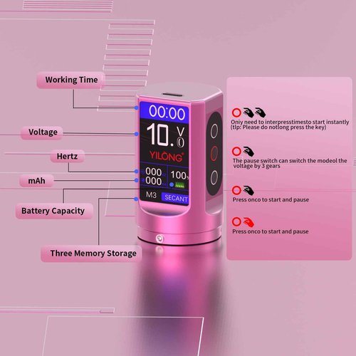 Wireless Tattoo Pen Machine Kit - Adjustable 6-Stroke Tattoo Machine with 1200mAh Power Supply and Digital LCD Display Rotary Tattoo Machine/Tattoo Starter Kit for Beginners (Pink)