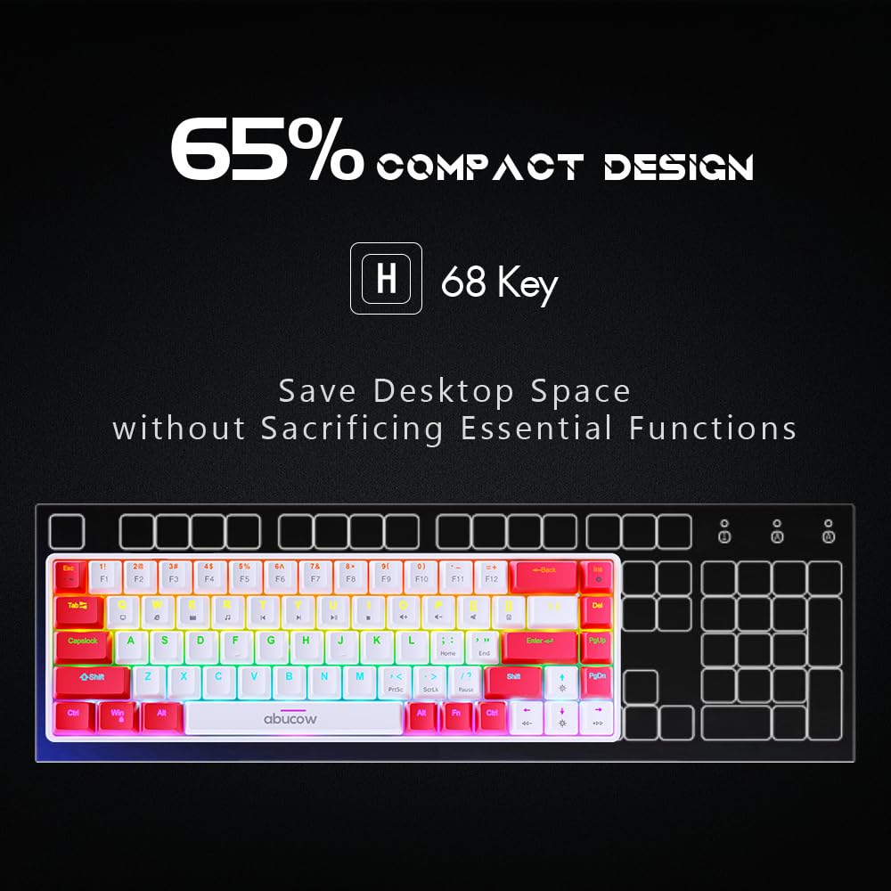 abucow 60% Mechanical Keyboard with Colorful Backlight 68-Key Gaming Keyboard White Red Keycaps - Red Switches for a Premium Typing and Gaming Experience PC Mac (White-Red)