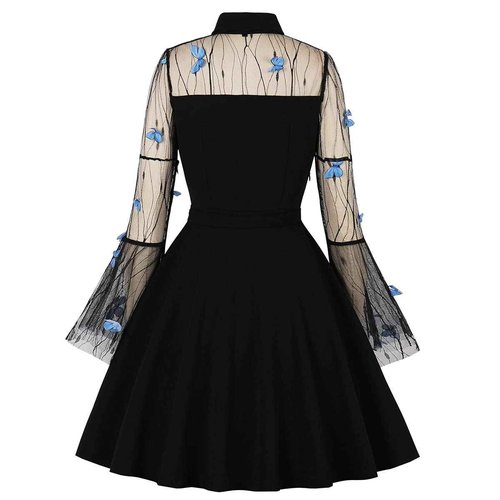 Women Keyhole Front Mesh Bell Sleeve Vintage 1950s Cocktail Swing Dress Embroidered Floral Peter Pan Collar 50s 60s Rockabilly Prom Dress A-line Wedding Evening Party Casual Skater Dress Butterfly XL