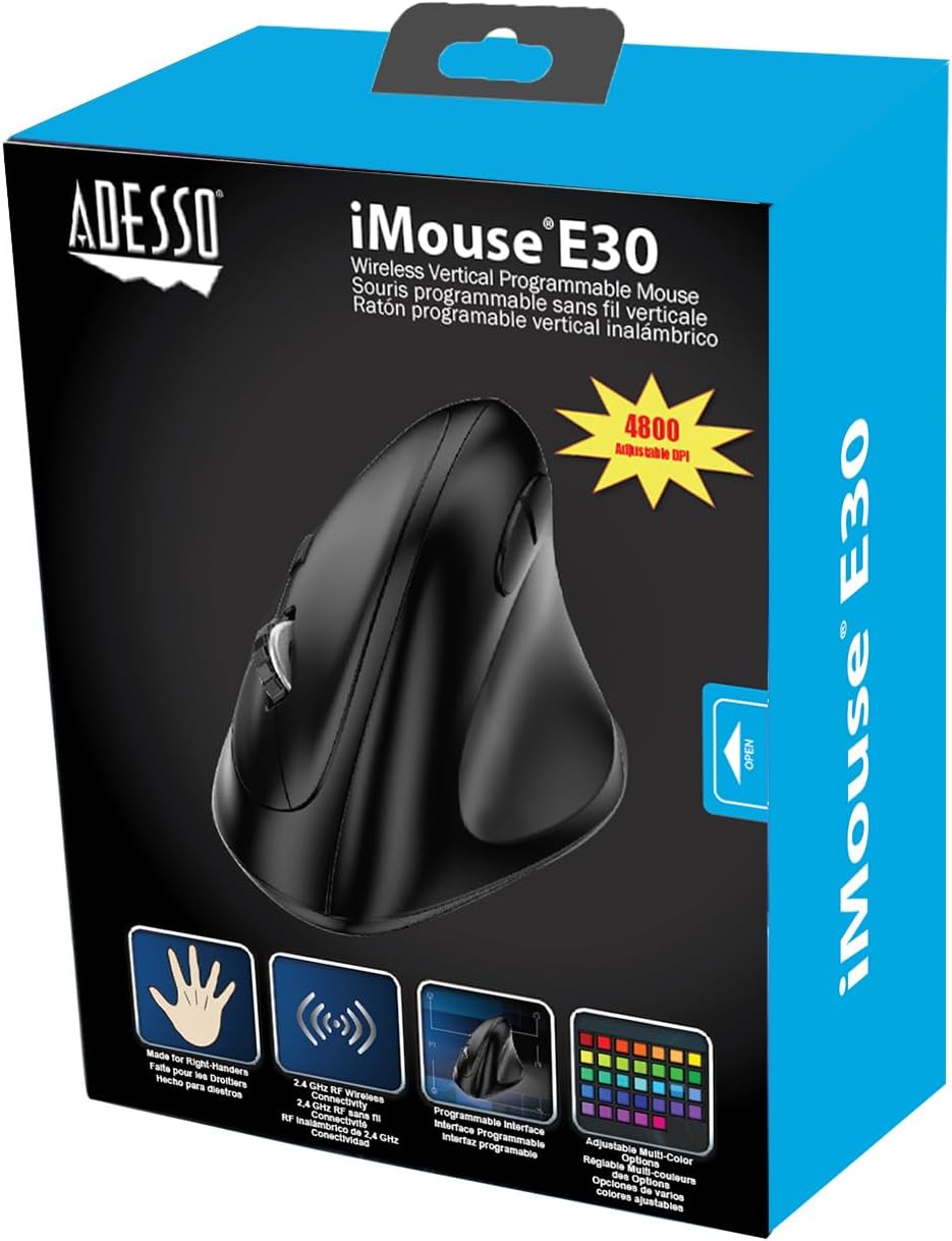 Adesso iMouse E30 2.4GHz Wireless Ergonomic Vertical Mouse Adjustable DPI Programmable Driver Optical Sensor Right Handed