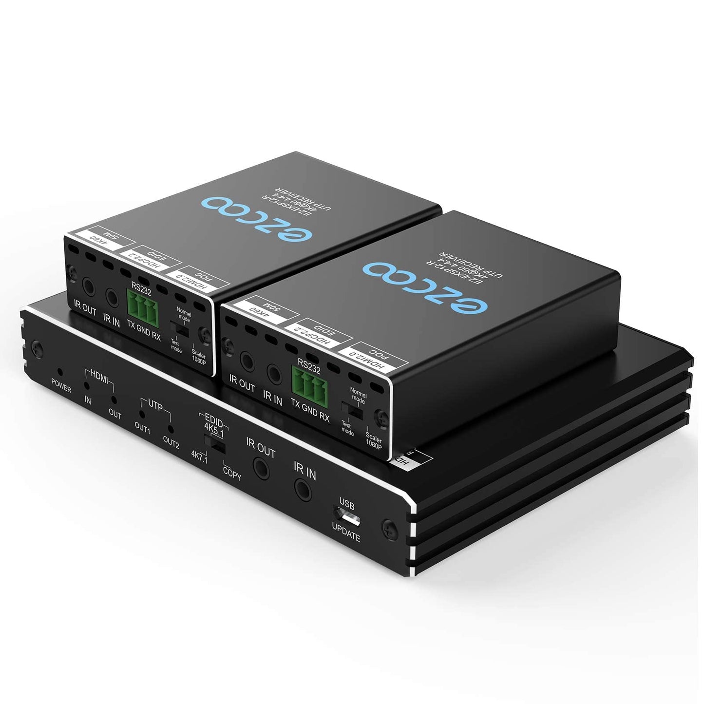 1x2 HDMI 2.0 Extender Splitter 4K 60Hz 4:4:4 HDR Over Cat5e/6/7 165ft/50m with 2 Loopouts - EDID 4K 7.1/ 4K 5.1/Copy Switch, 4K Down-Scaler 1080P, Bi-Directional IR PoE RS232, Cascade EXSP12