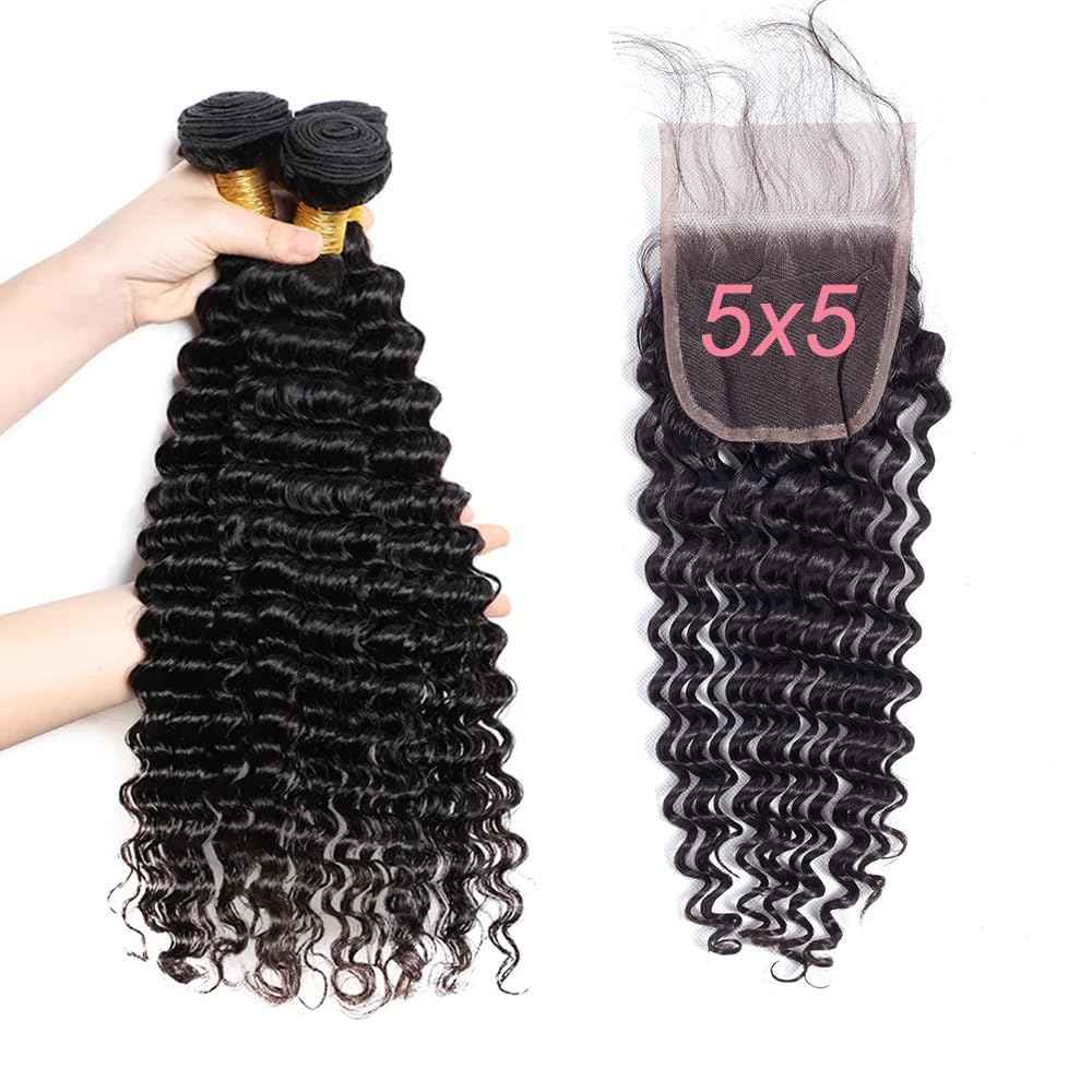 GOSSVOL Deep Wave Bundles with Closure Human Hair 20 22 24 inch Wavy Curly Hair Extensions 5x5 HD Lace Closure Free Part 100% Unprocessed Virgin Hair with Closure