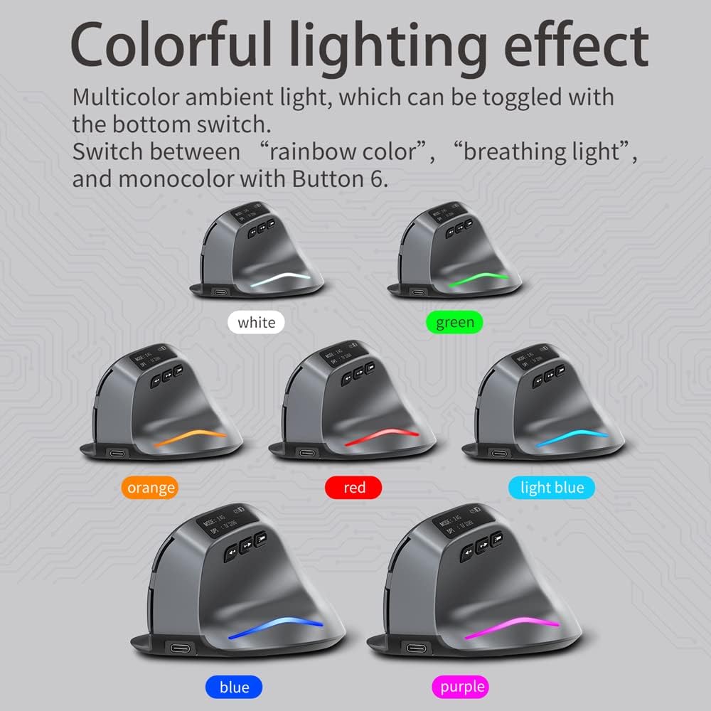 zelotes Bluetooth Wireless Mouse with Display,Rechargeable,3200DPI,BT 5.0/3.0 & 2.4G,7 Buttons,LED,USB Optical Ergonomic Vertical Mouse für Laptop,PC,Tablets,Black