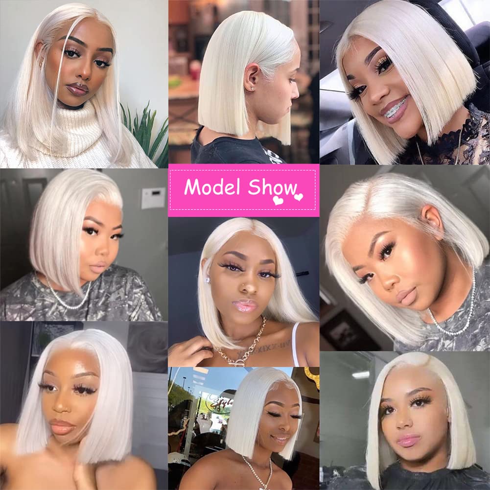 #60 Silver Grey White Platinum Blonde Wigs Human Hair for Women 10 Inch Silky Straight Ash Blonde Bob Lace Front Wigs with Baby Hair Pre plucked HD Transparent Lace Frontal 150% Density