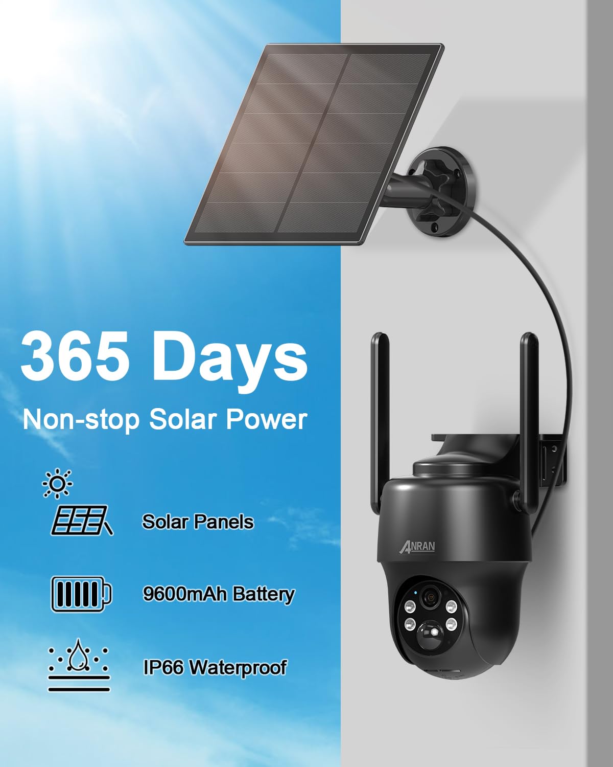 ANRAN 4G LTE Security Camera: 2K Solar Camera Wireless Outdoor with SIM & 32GB SD Card, No WiFi Needed, Night Vision, 360° Pan-Tilt, PIR Motion Detection, 2-Way Audio, Free One Month Data Traffic