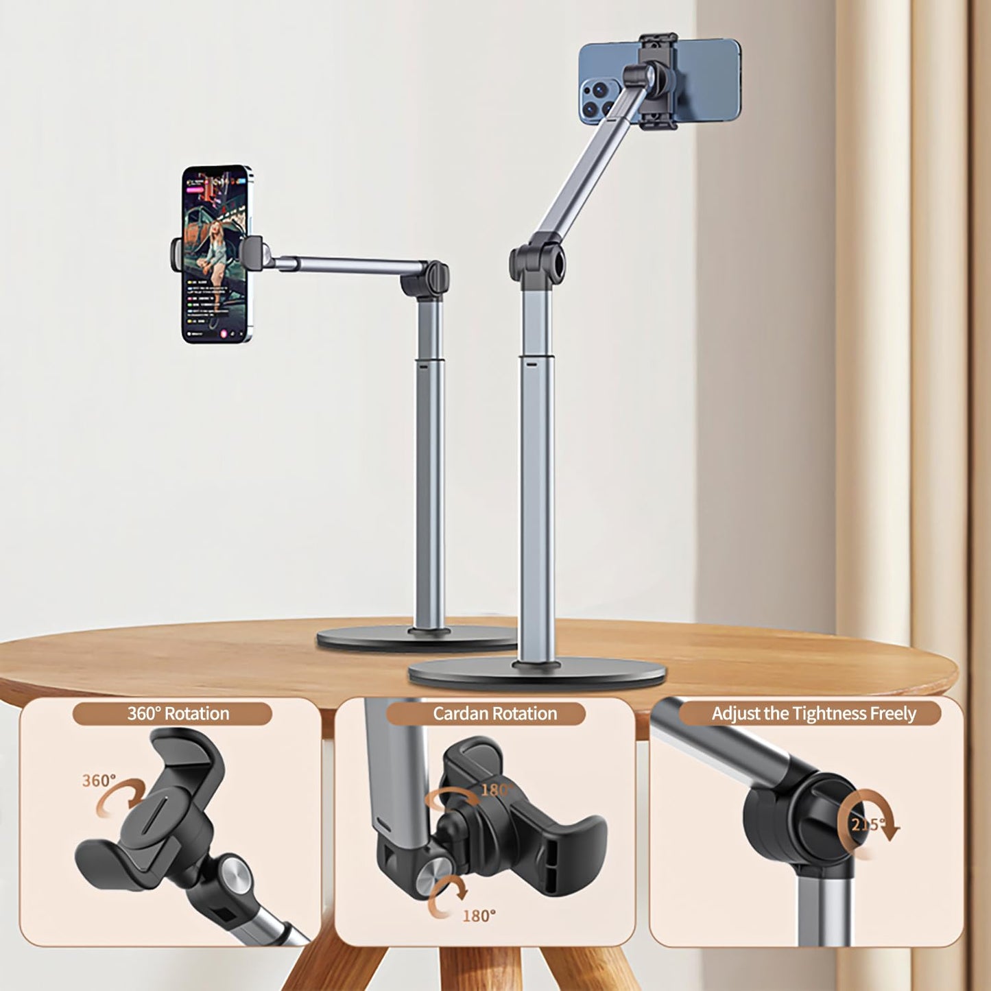 yAyusi Heavy Duty Aluminum Overhead Tripod for iPhone, 12 in Long Phone Mount for Desk, Flexible Articulating Arm Overhead Phone Mount for Live Streaming, Meeting, Cooking, Nail Video Recording
