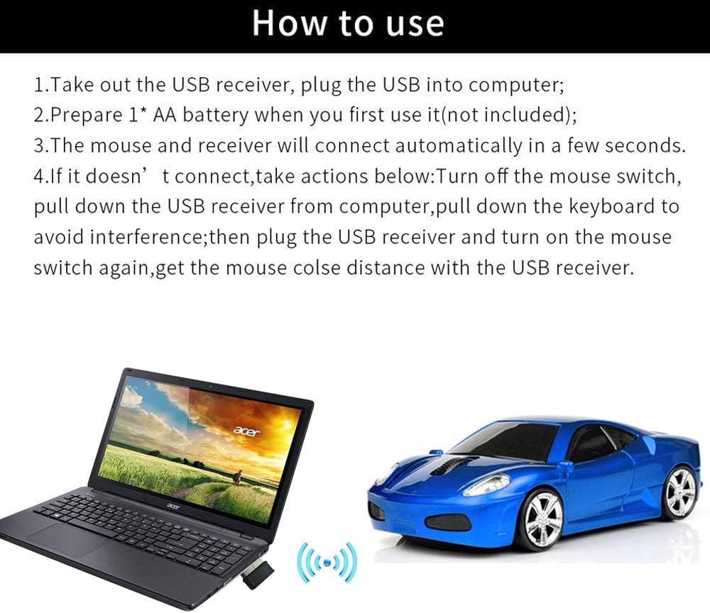 2.4Ghz Wireless Car Shape Mouse 3D Optical Gaming Mice USB Mini Receiver for PC Laptop Computer