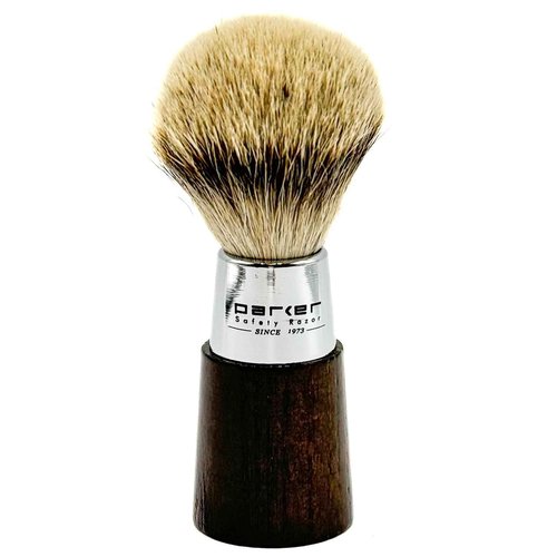 Parker Safety Razor Handmade Shaving Brush with 3-Band Silvertip Badger Bristles & Stand | Premium Walnut Wood & Chrome Handle | Luxury Wet Shave Tool for Men