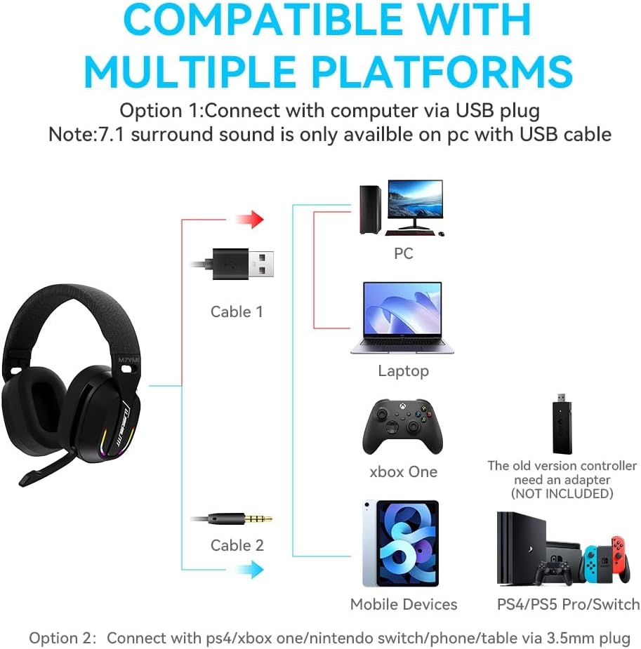 2.4GHz Wireless Gaming Headset for PC, PS5, PS4, Switch - Bluetooth 5.4, 20H Battery, with ENC Noise Canceling Microphone, Cool Lighting, 40mm Drivers,for Wired Mode Xbox Series -Black