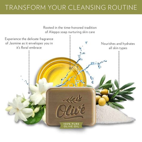Olivé Olive Oil Gift Box 5 Piece Jasmine Scent Body Wash 500ml Hand Wash 500ml Two 125g Bar Soaps With Loofah Moisturizing Gentle Cleanse Set for Face Body Hands and Sensitive Skin