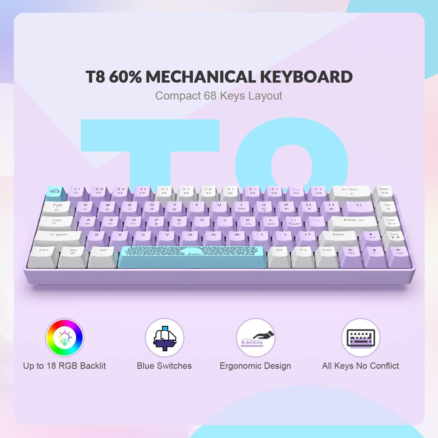 ZIYOU LANG RK-T8 Wired 65% Mechanical Gaming Keyboard with RGB LED Backlit Anti-ghosting TKL Mini 68 Key Custom Coiled C to A Cable Tactile Blue Switch for PS4 PS5 Xbox PC Mac Gamer(White/Blue/Red)