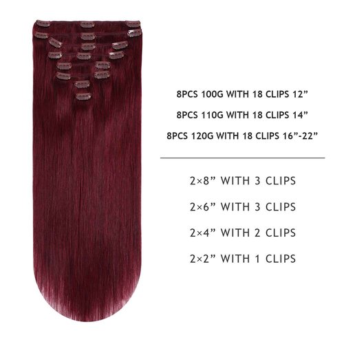 YILITE Hair Extensions Clip in Human Hair 8Pcs 120Gram/Pack Burgundy Silky Remy Human Hair Double Weft Straight Real Hair Extensions Clip ins Thick (18inches #99J Burgundy)
