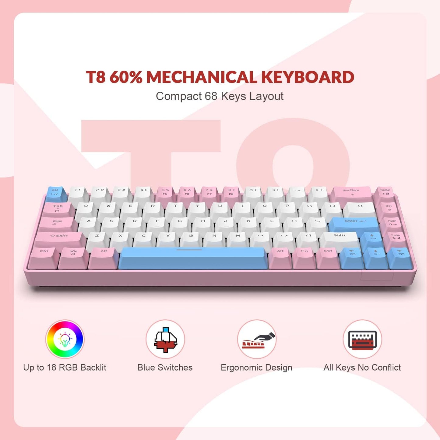 ZIYOU LANG RK-T8 Wired 65% Mechanical Gaming Keyboard with RGB LED Backlit Anti-ghosting TKL Mini 68 Key Custom Coiled C to A Cable Tactile Blue Switch for PS4 PS5 Xbox PC Mac Gamer(White/Blue/Red)