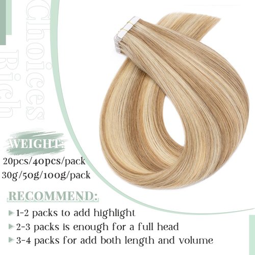 Rich Choices Tape in Hair Extensions Human Hair, 40pcs 100g 100% Remy Tape Hair Extensions Real Human Hair,Seamless Tape in Hair Extension 16 Inch #12P613 Golden Brown Highlighted Bleach Blonde