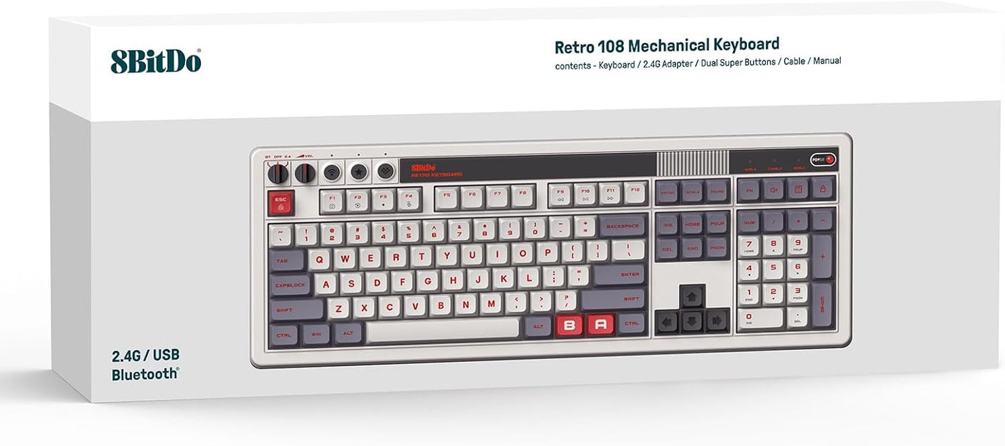 8BitDo Retro 108 Mechanical Keyboard with 108 Keys and Integrated Numpad, Bluetooth/2.4G/USB-C Hot Swappable Wireless Gaming Keyboard for Windows and Android - Fami Edition