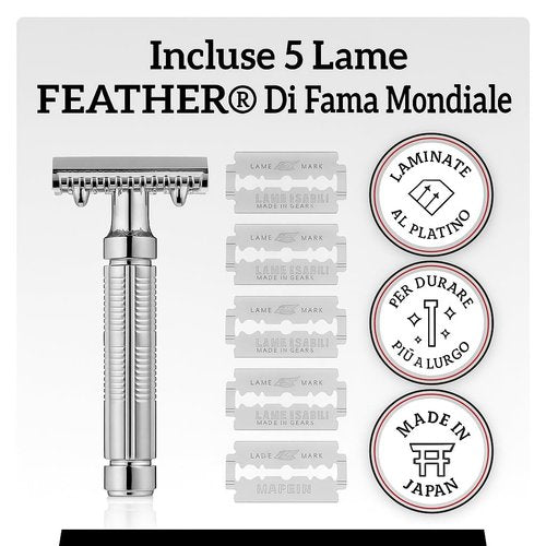 Mr. Fine Premium Double Edge Safety Razor for Wet Shaving, Single Blade Razor, Close Shave, Open-Comb Guard, 100% Metal w/Stainless Steel Core, 5 Feather Blades