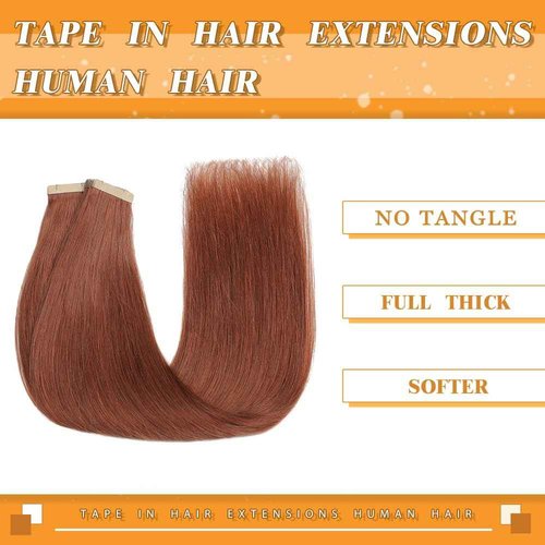 YDDM Tape in Hair Extensions Human Hair Auburn 22 Inch 20pcs 100% Remy Human Hair Straight Invisible Seamless Remy Tape in Hair Extensions for Women(33A#, 22 Inch)