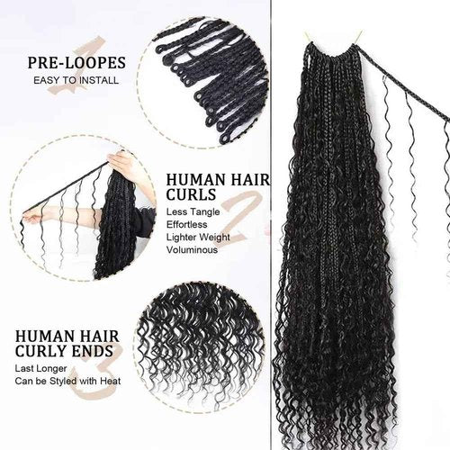Crochet Boho Box Braids With Human Hair Pre Looped Hair Goddess Box Braids With Human Hair Curly Full Ends Hair Extensions For Women Natural Black Color 24inch 1 Pack(40 Strands)