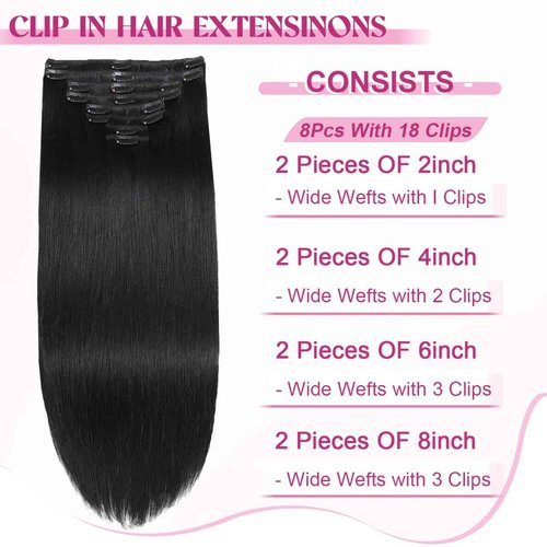 POGINJA Clip in Hair Extensions Real Human Hair, Remy Human Hair Extensions Clip ins for Women, 100% Natural Human Hair, Double Weftm, 24inch 120g 8Pcs, #1 Jet Black