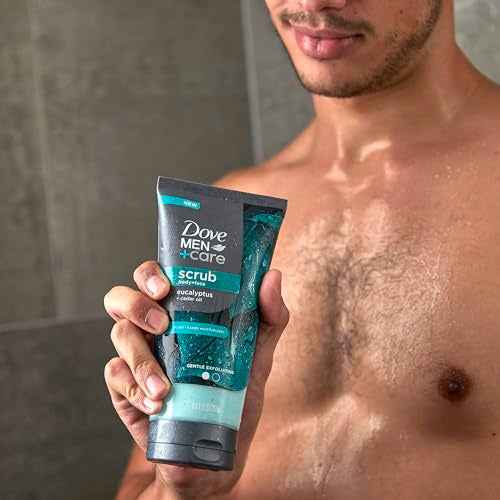 DOVE MEN + CARE Body and Face Scrub Eucalyptus Deeply Exfoliates for Hydrated & Nourished Skin 100% Gentle Cleanser, No Sulfate Cleansers or Parabens 9 oz