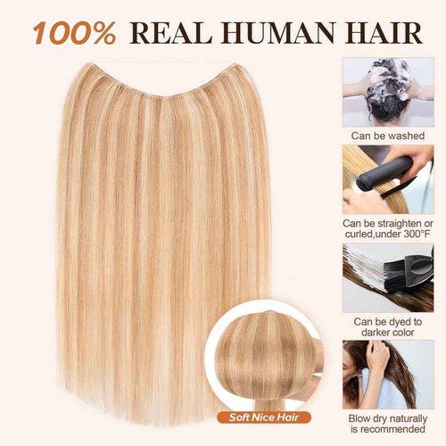 Halo Hair Extensions Real Human Hair,S-noilite 100% Human Hair Halo Extensions for Women,70g/20inch 12P613 Golden Brown Mixed Bleach Blonde